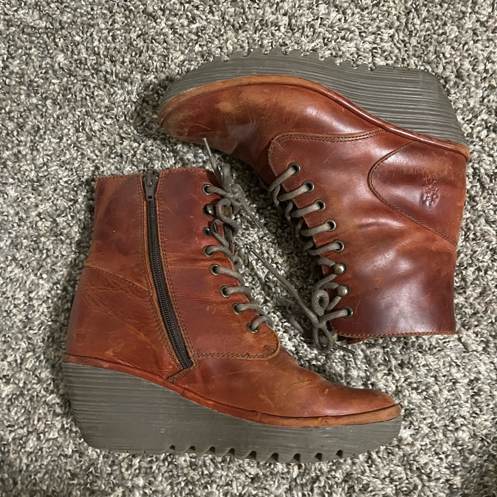 Fly London maroon wedge lace up boots